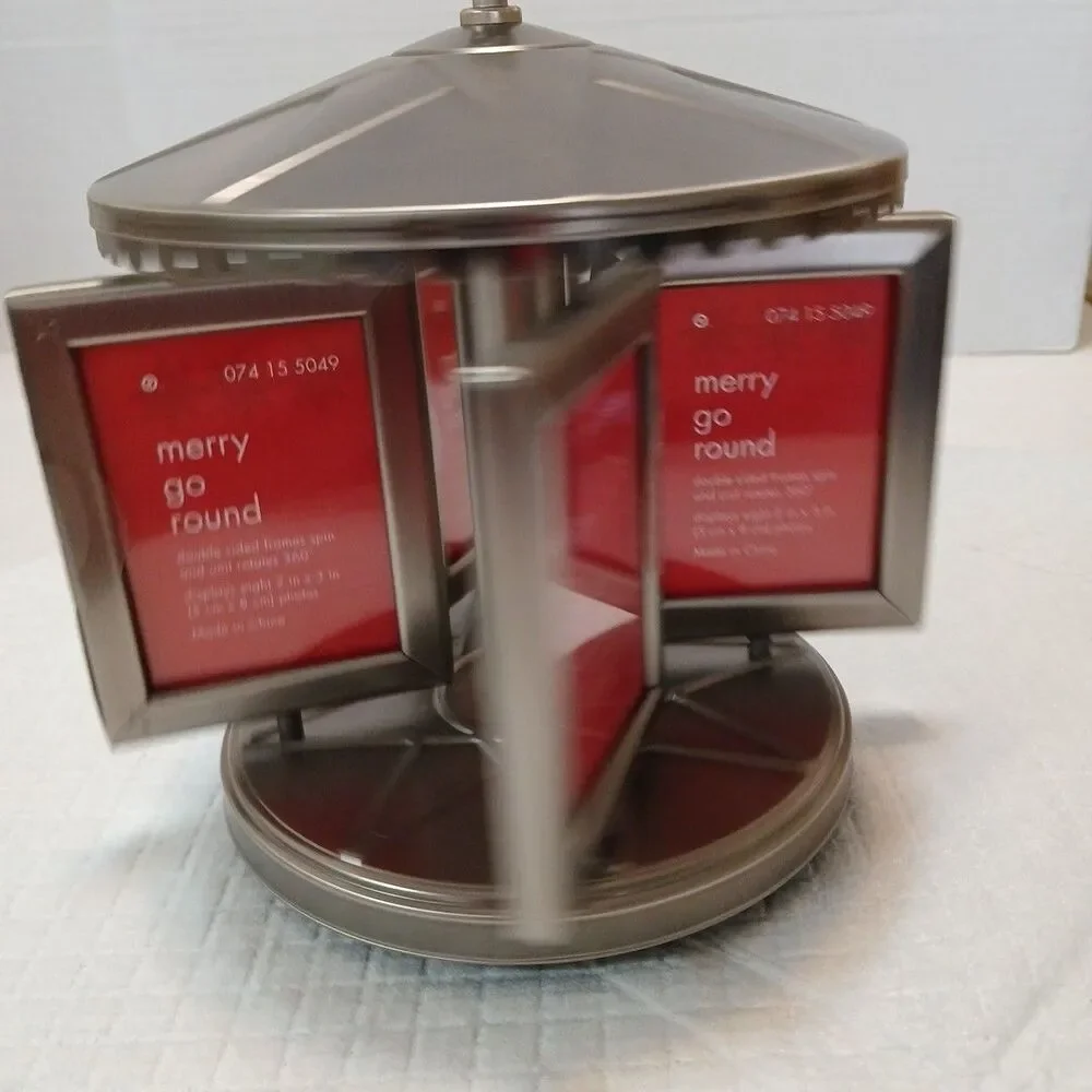 VTG Merry Go Round Double Sided Frame Spin & Unit 360° 2×3 Photos Metal Pewter
